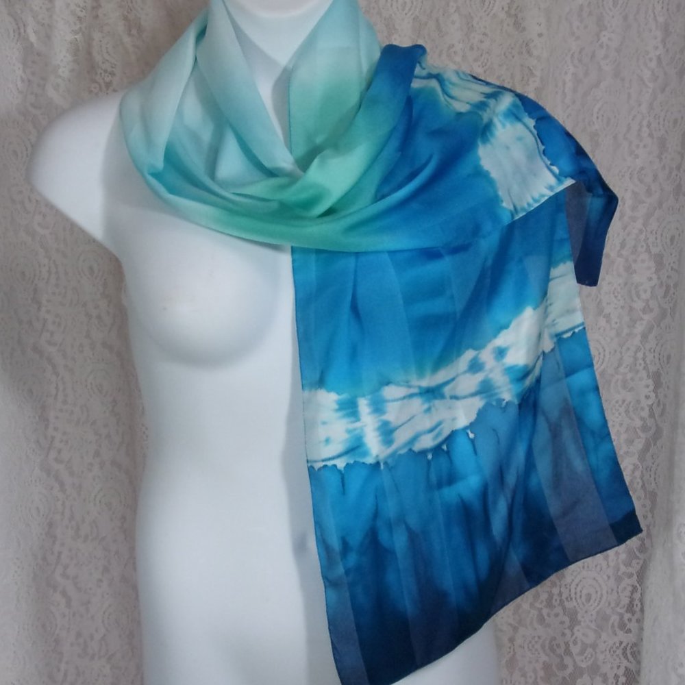 Oblong Silk Scarf Dye Dipped in Blue and Aqua NWOT